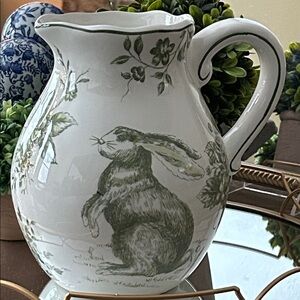 NEW! Shabby Chic French Floral Bunny Rabbit Toile Ceramic Pitcher